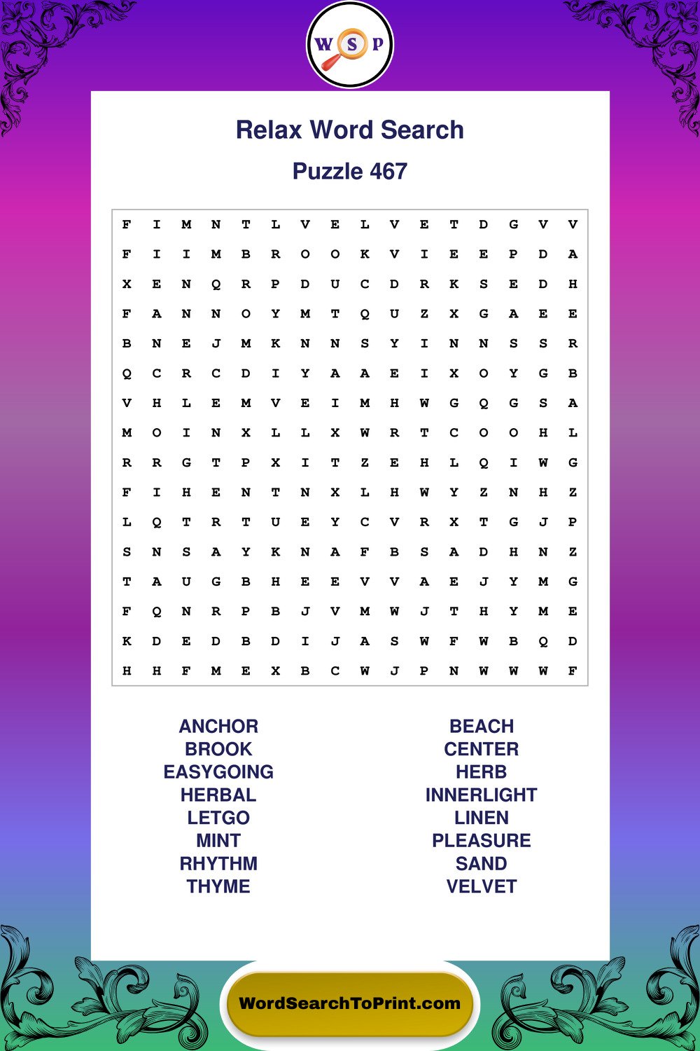 Relax Word Search Puzzle 467