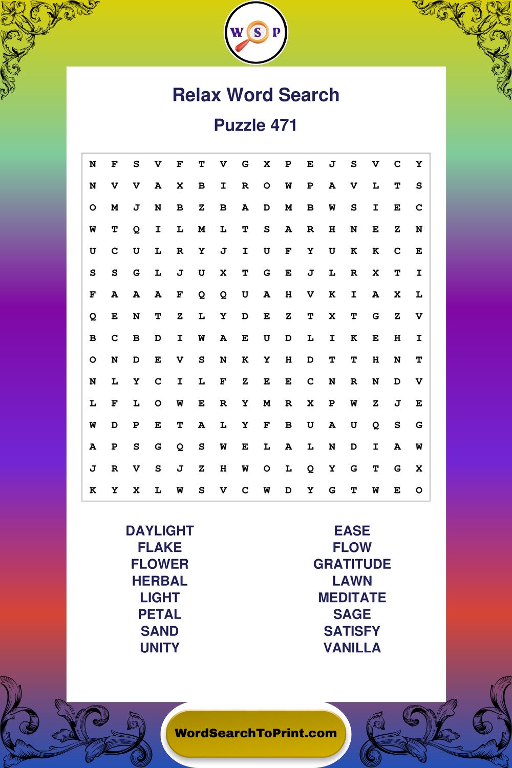 Relax Word Search Puzzle 471