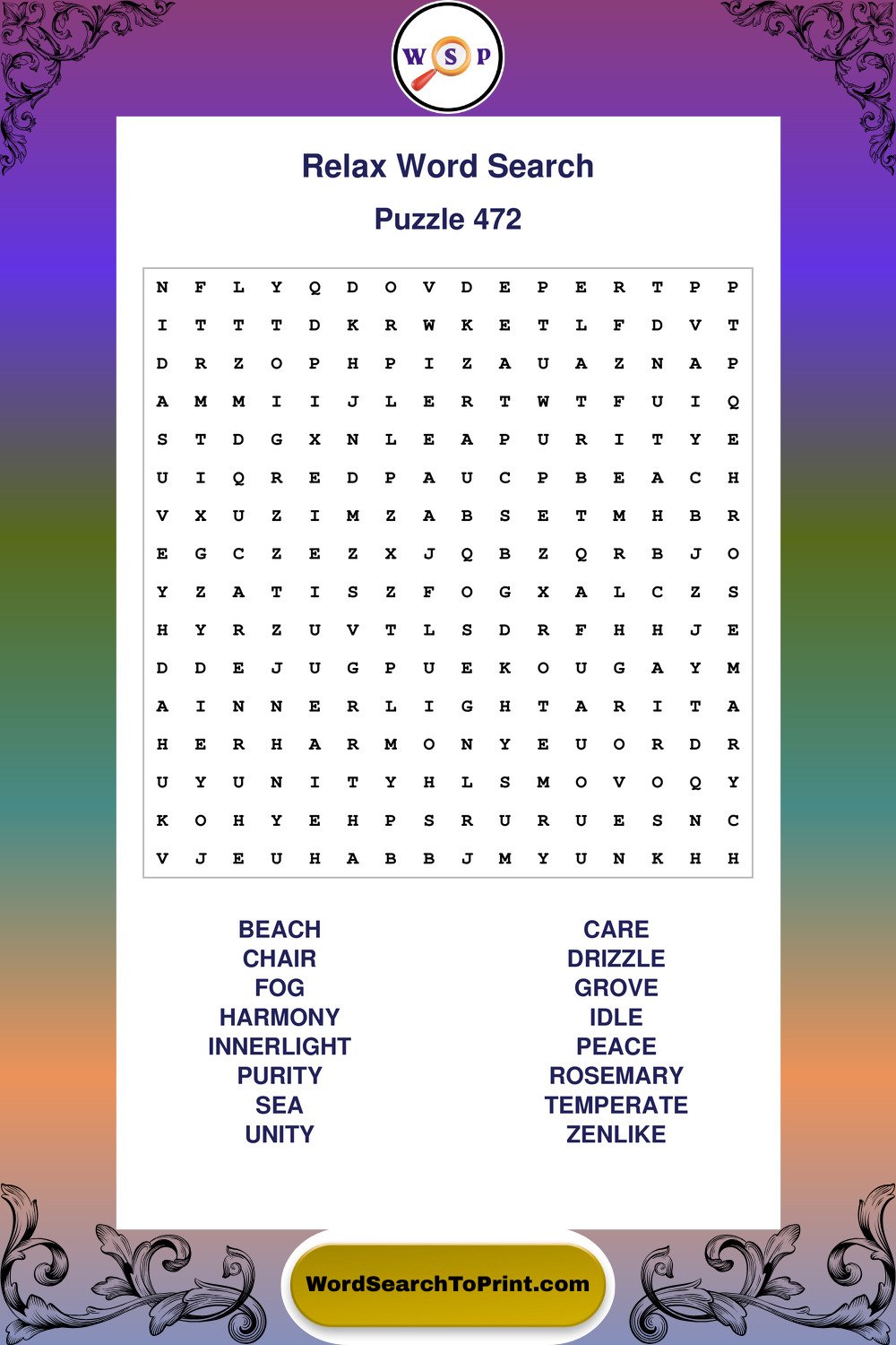Relax Word Search Puzzle 472