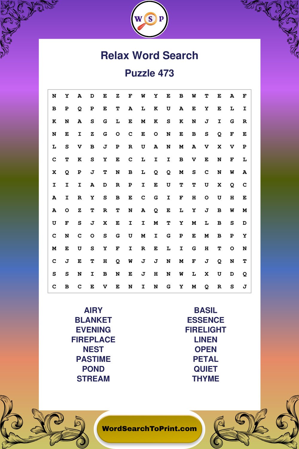 Relax Word Search Puzzle 473