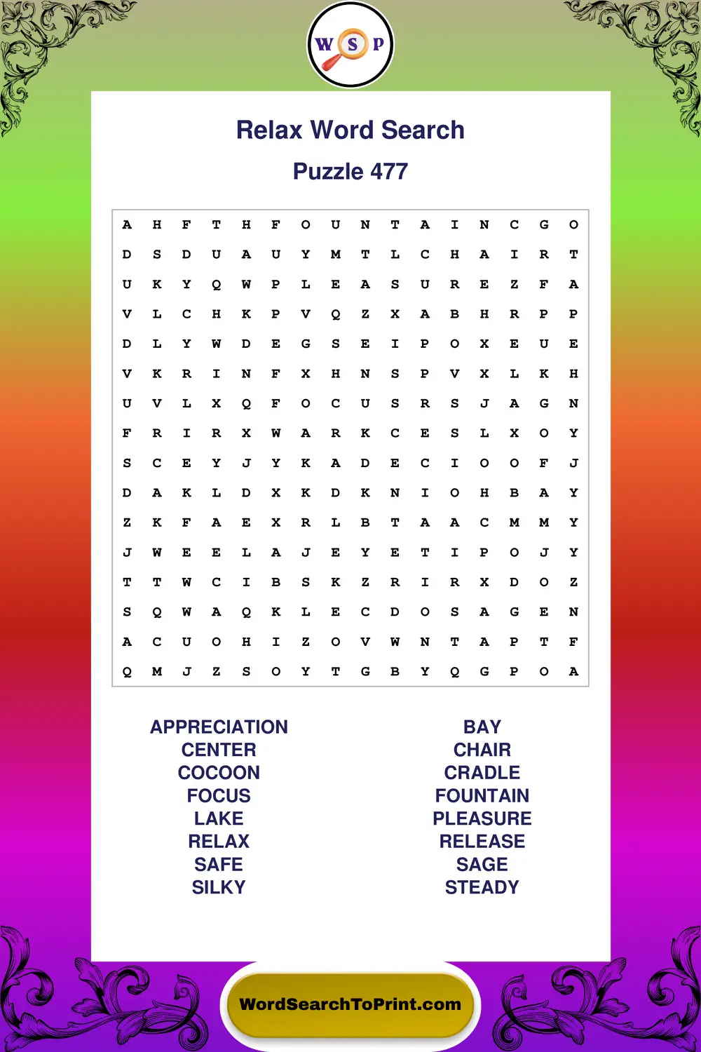 Relax Word Search Puzzle 477