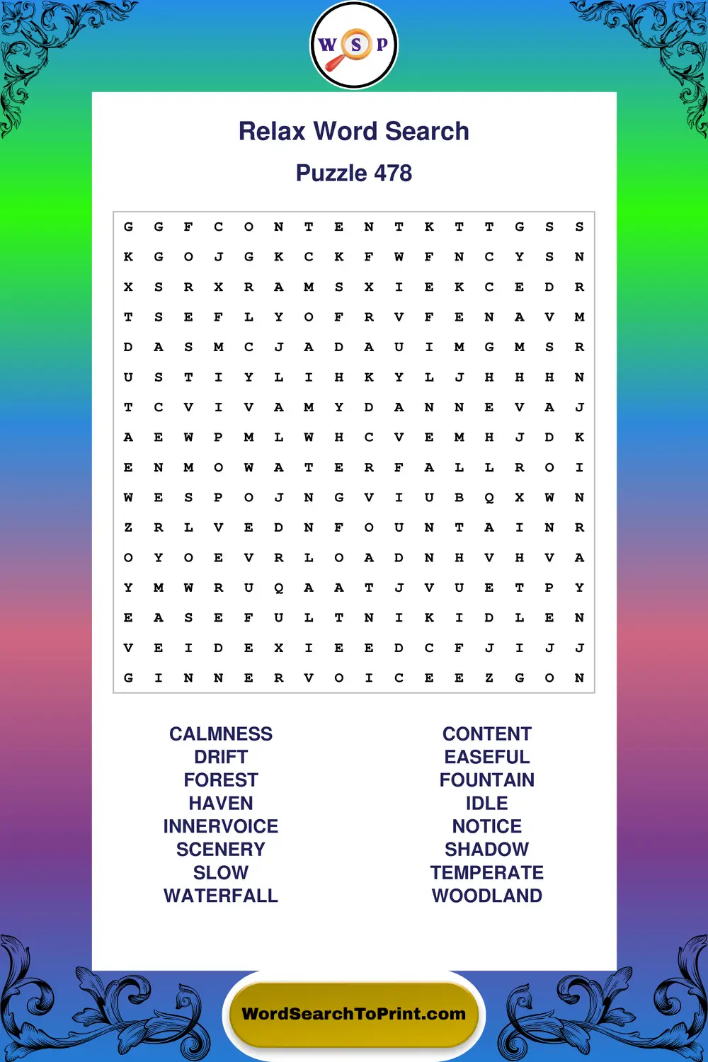 Relax Word Search Puzzle 478
