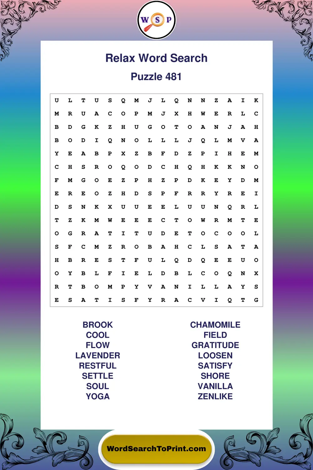 Relax Word Search Puzzle 481
