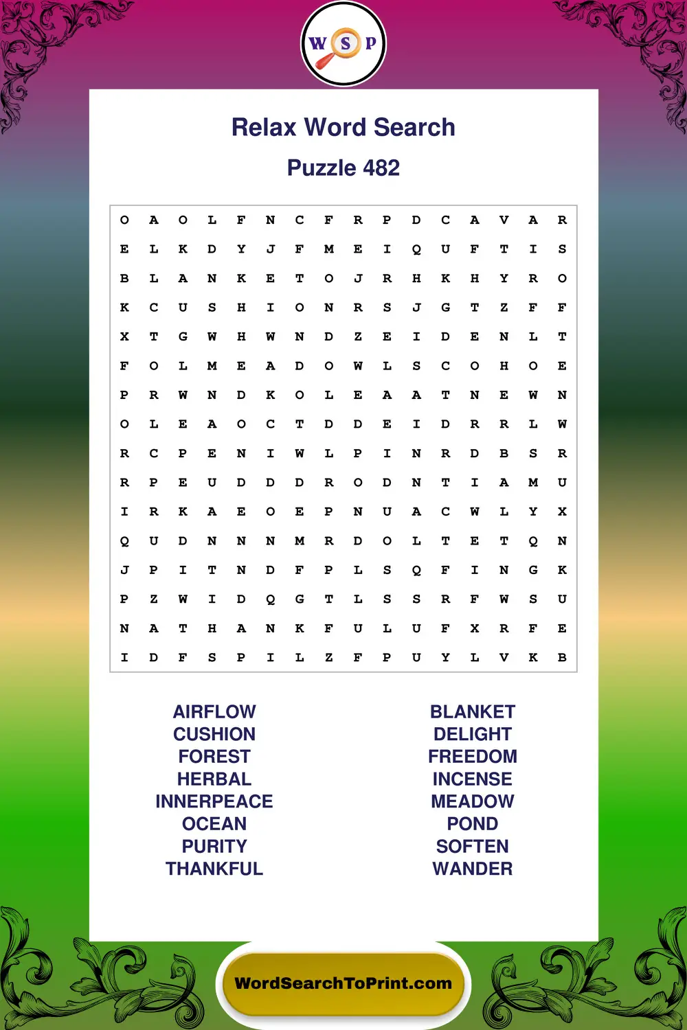 Relax Word Search Puzzle 482