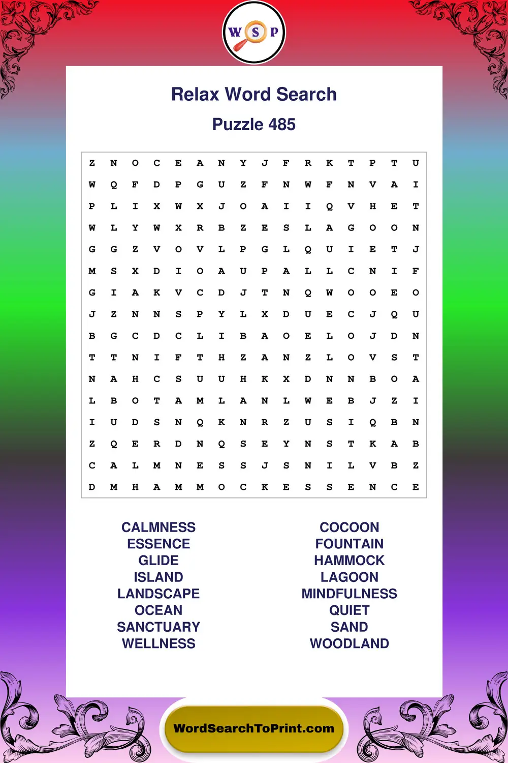Relax Word Search Puzzle 485