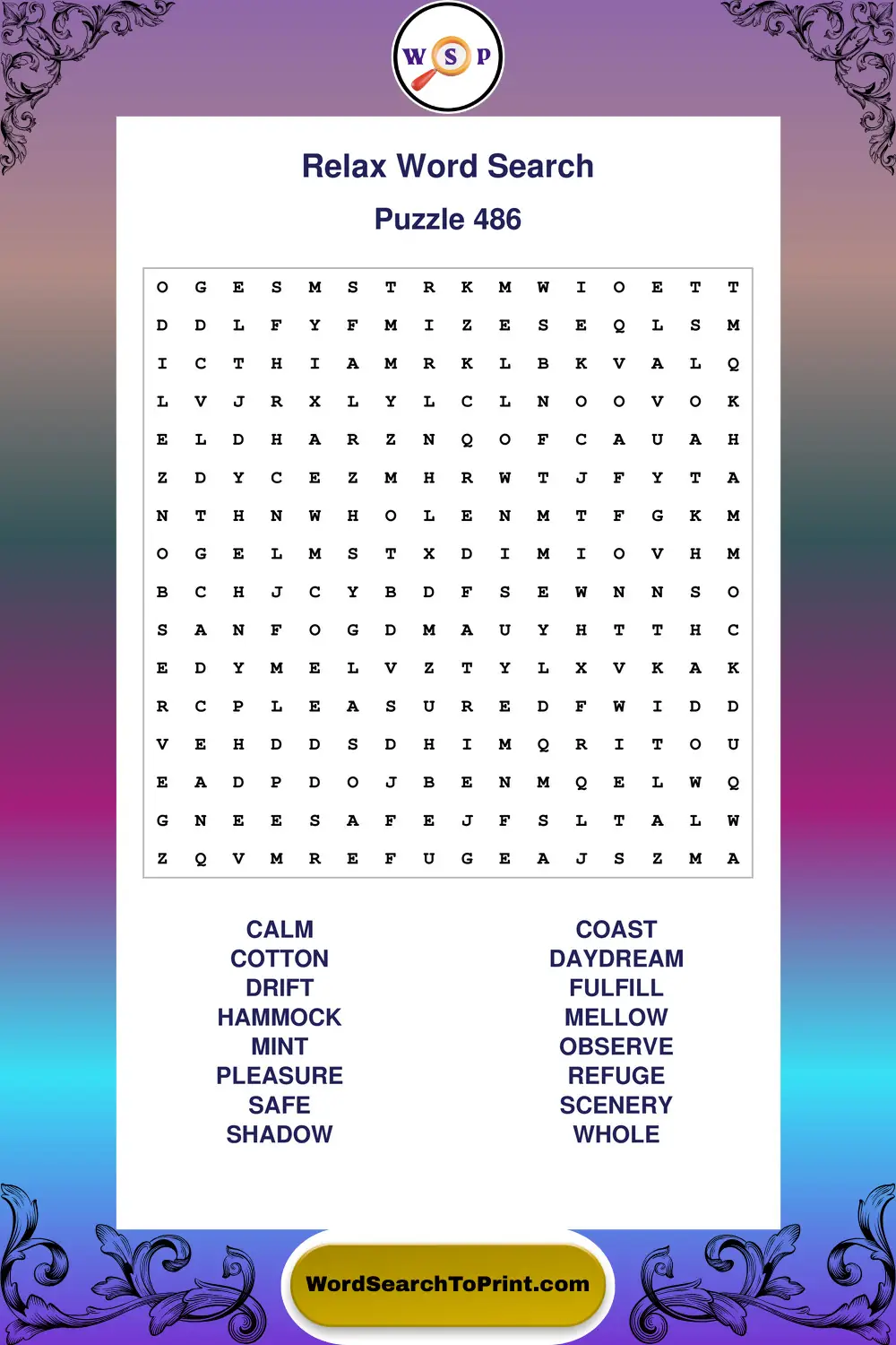 Relax Word Search Puzzle 486