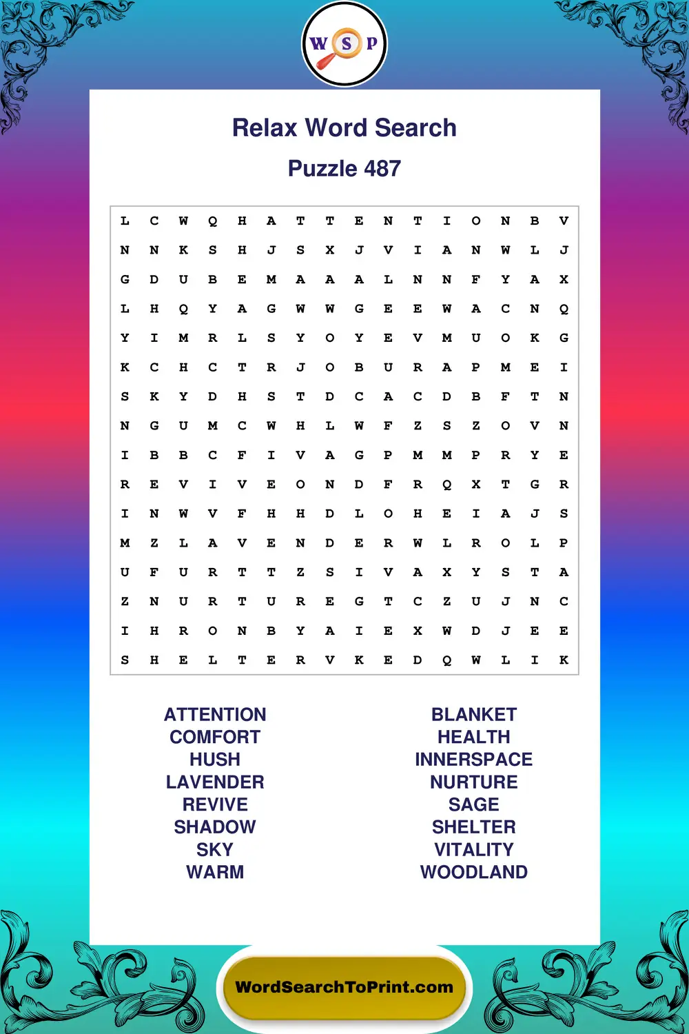 Relax Word Search Puzzle 487