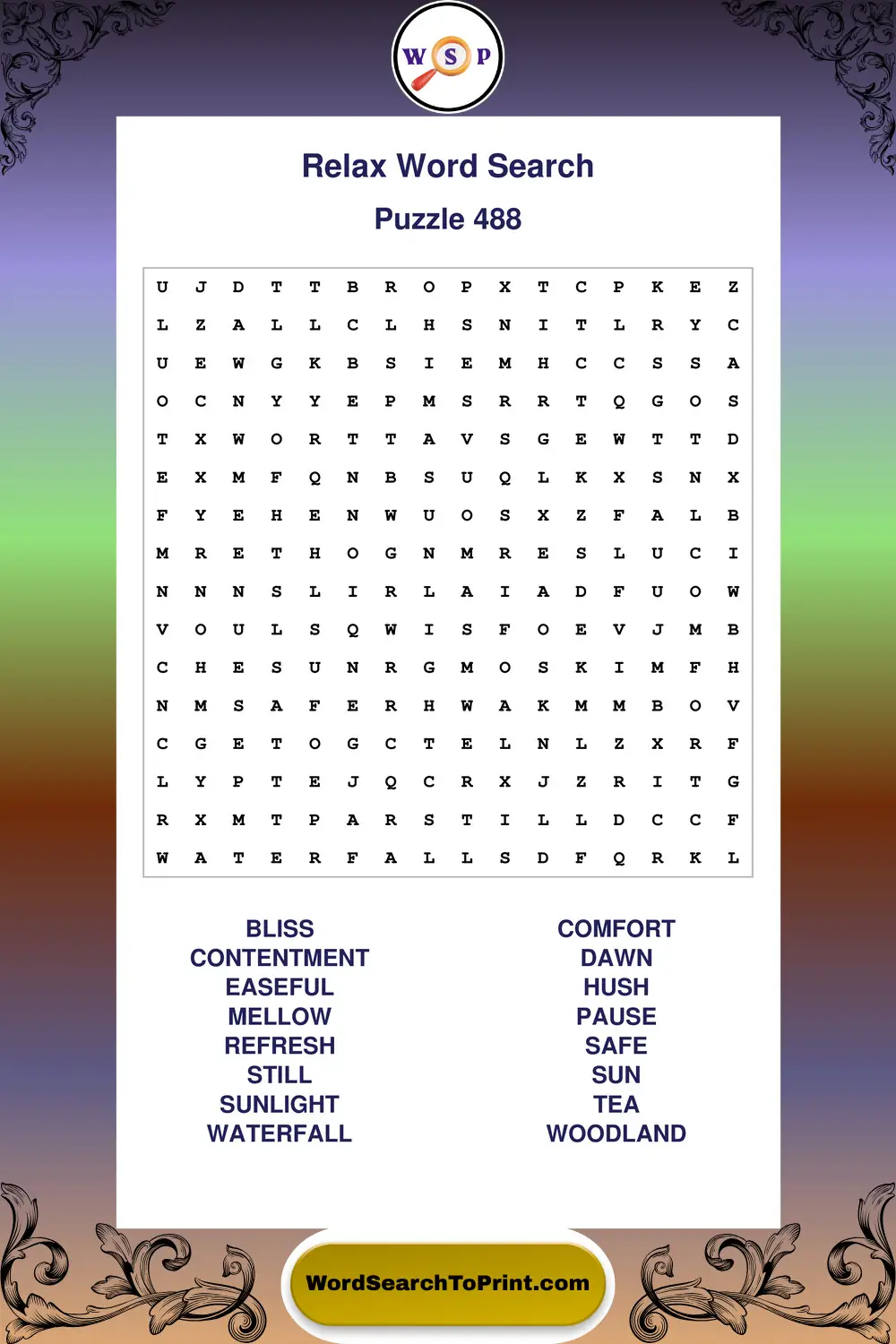 Relax Word Search Puzzle 488