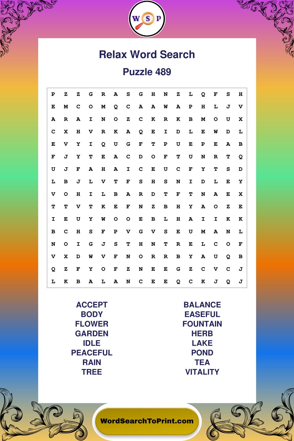 Relax Word Search Puzzle 489