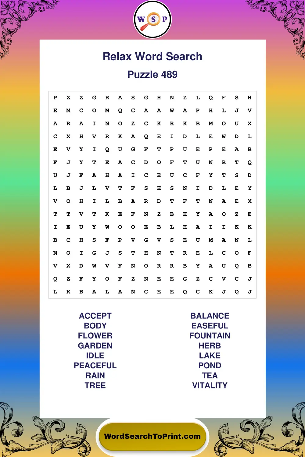 Relax Word Search Puzzle 489