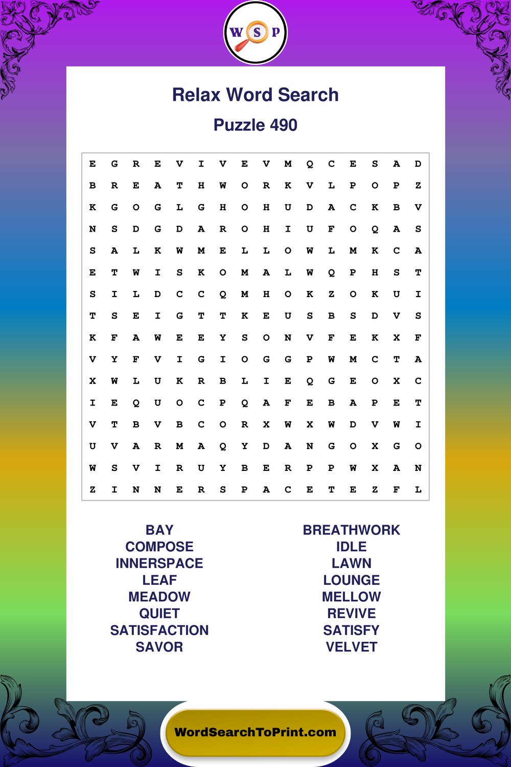 Relax Word Search Puzzle 490