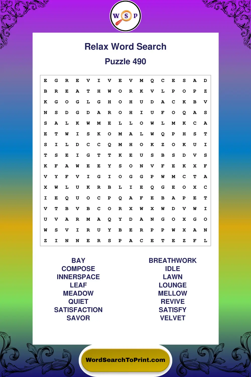 Relax Word Search Puzzle 490