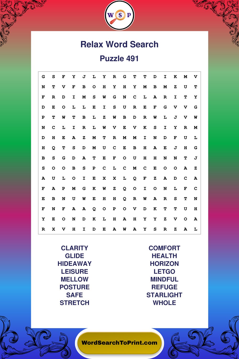 Relax Word Search Puzzle 491