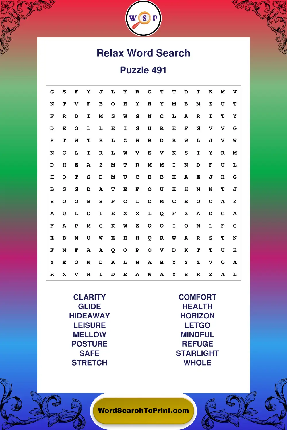 Relax Word Search Puzzle 491