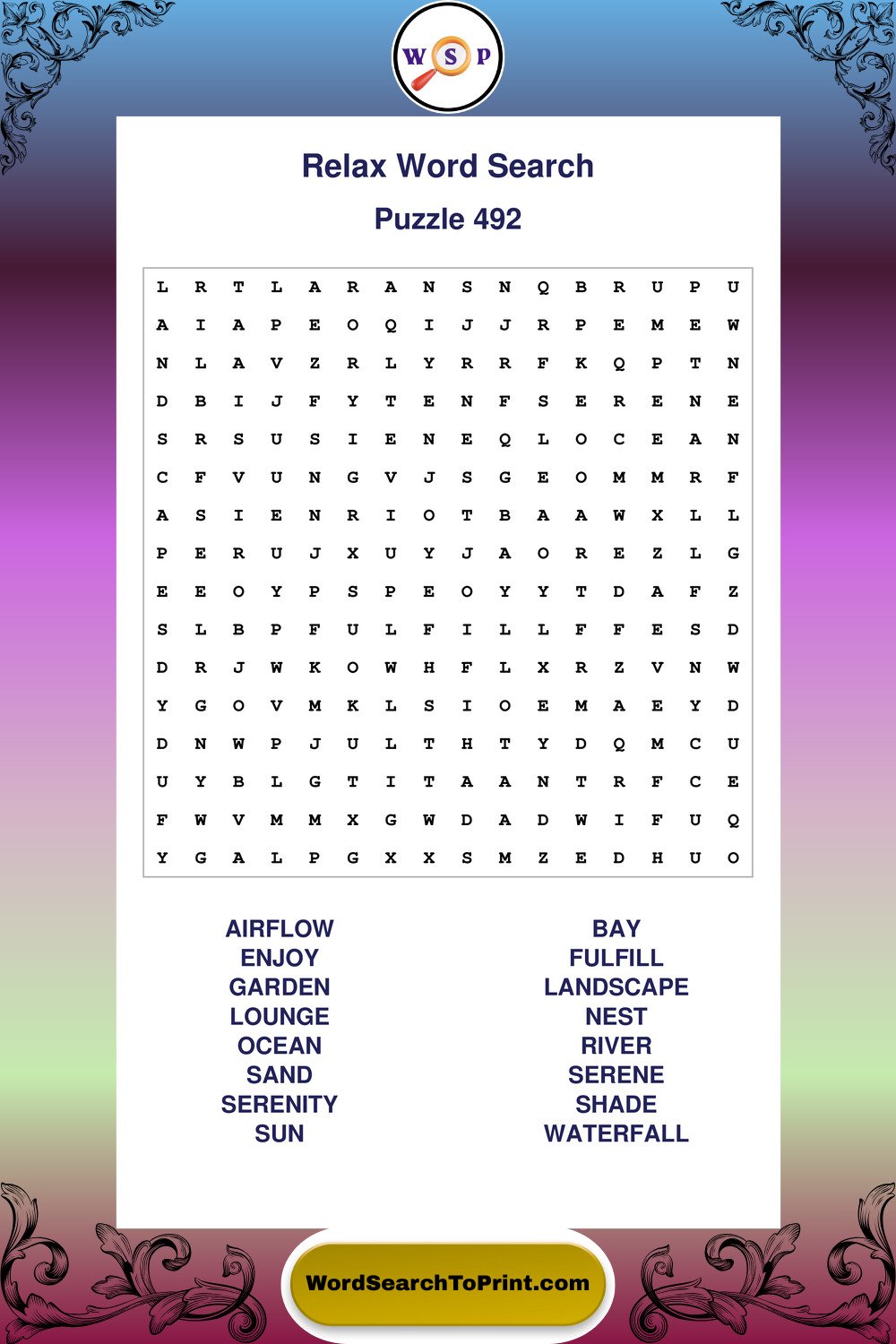 Relax Word Search Puzzle 492