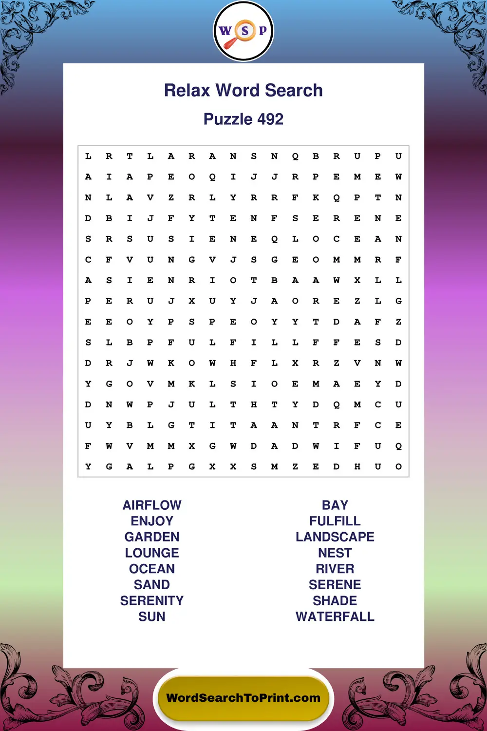 Relax Word Search Puzzle 492