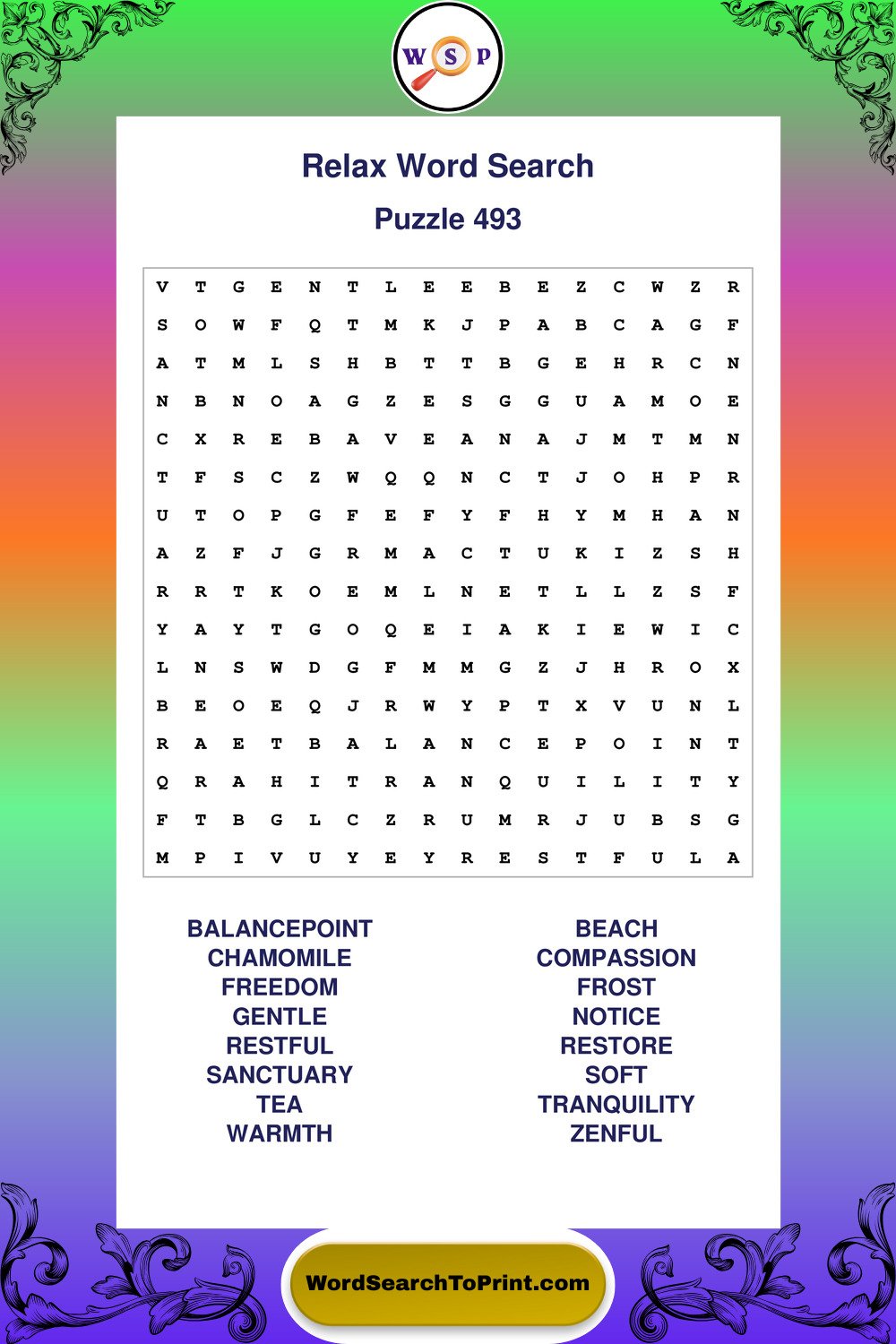 Relax Word Search Puzzle 493