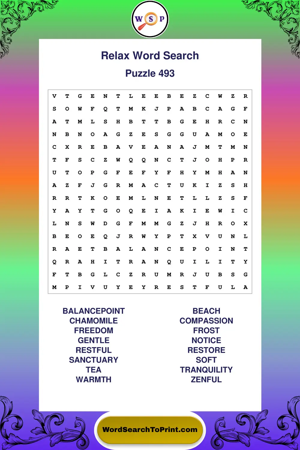 Relax Word Search Puzzle 493