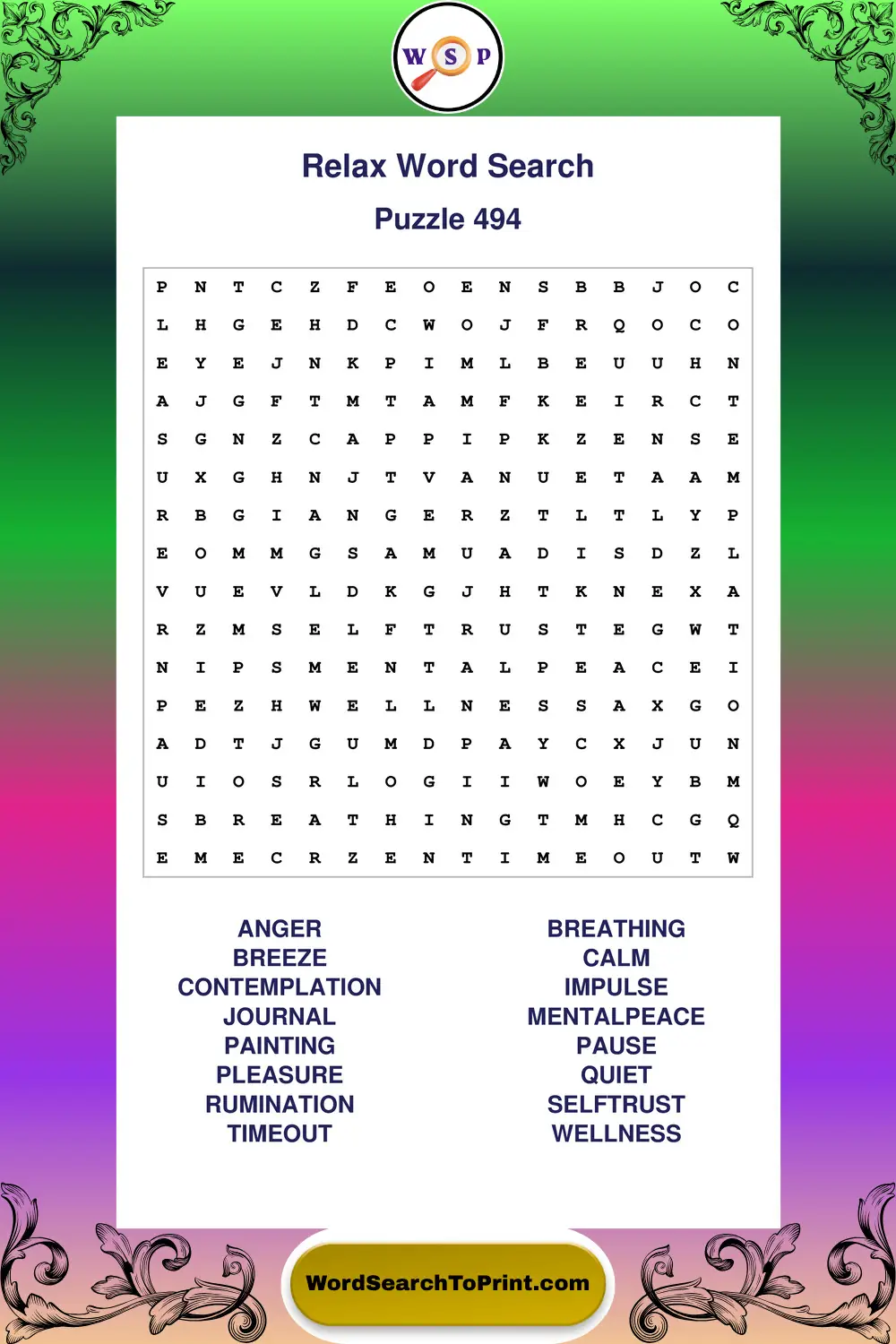 Relax Word Search Puzzle 494