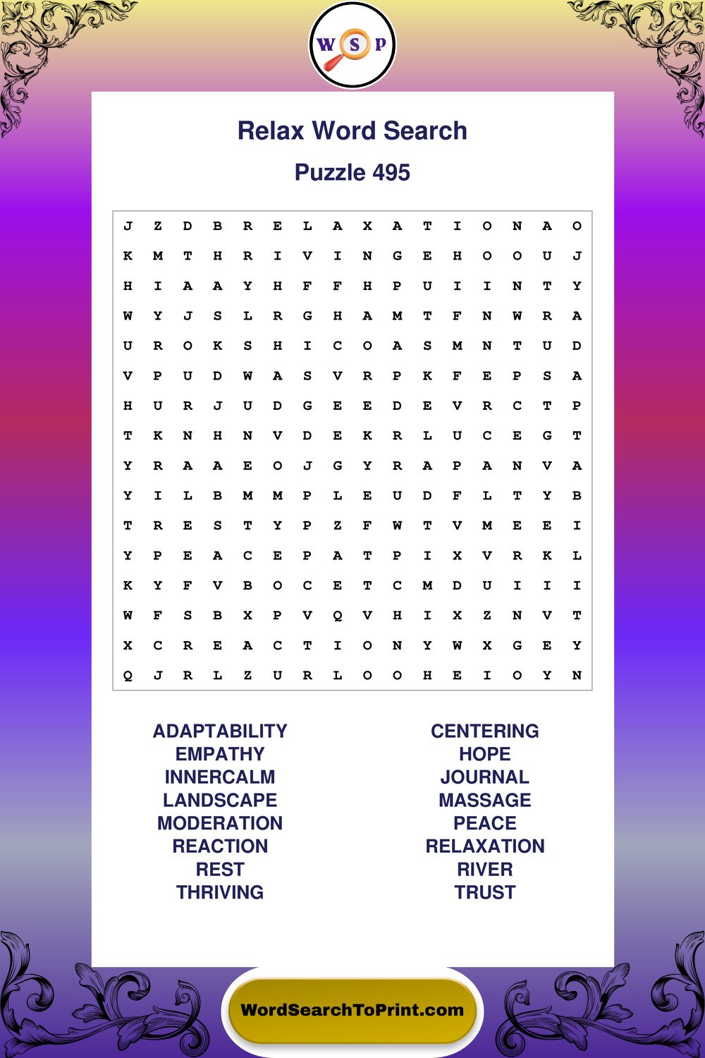 Relax Word Search Puzzle 495
