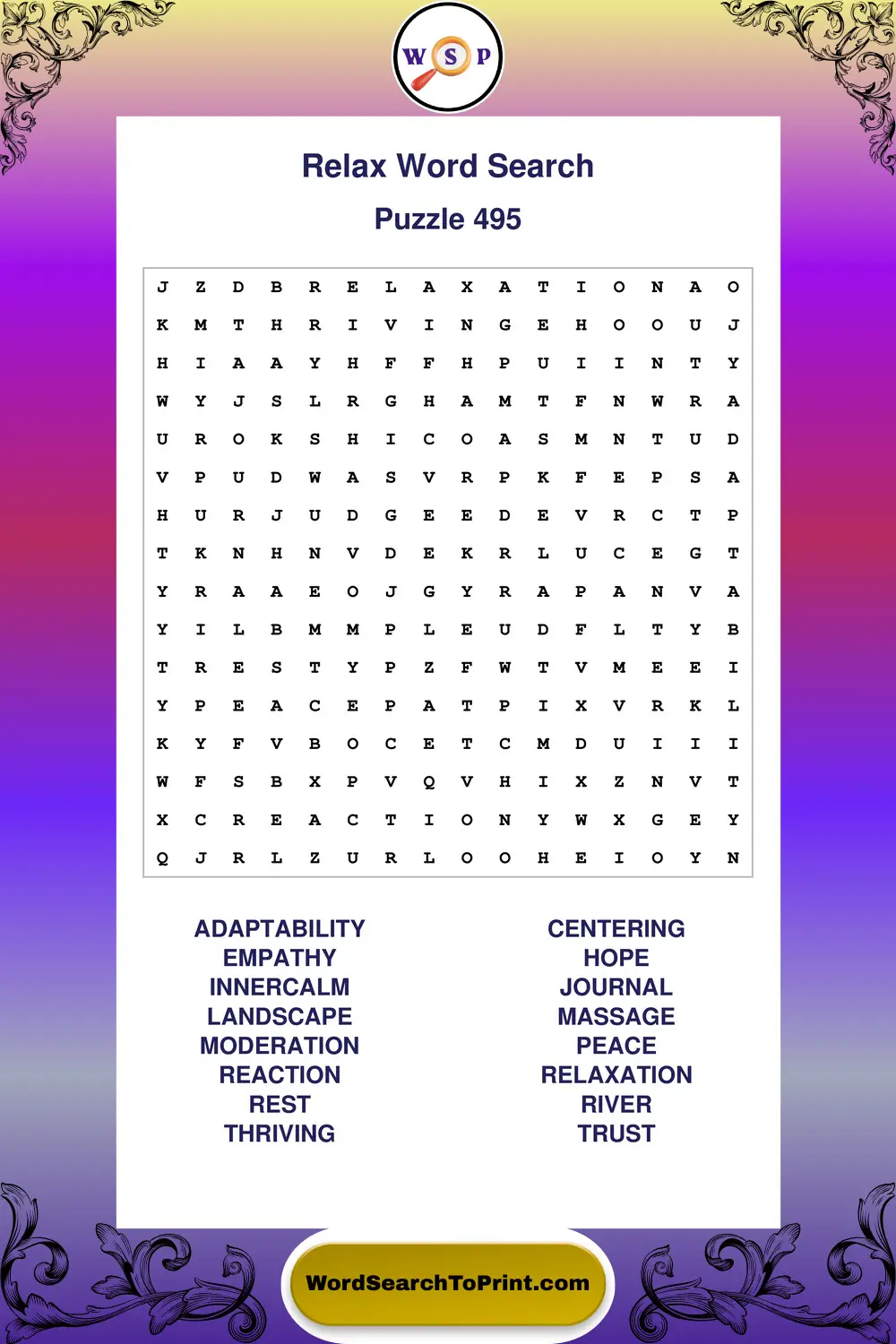 Relax Word Search Puzzle 495