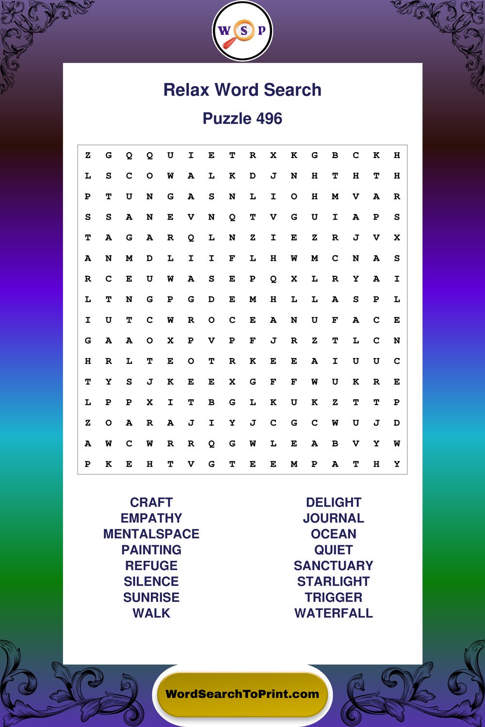 Relax Word Search Puzzle 496