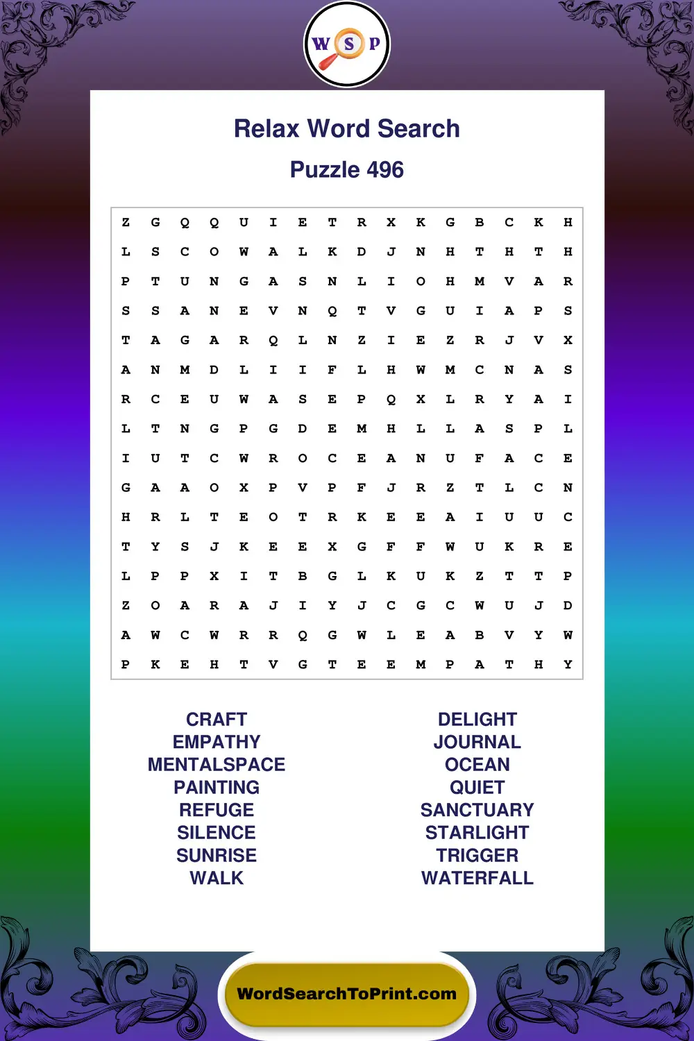 Relax Word Search Puzzle 496