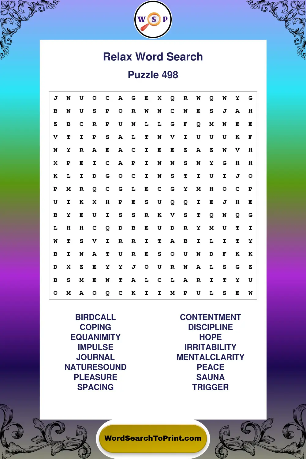 Relax Word Search Puzzle 498