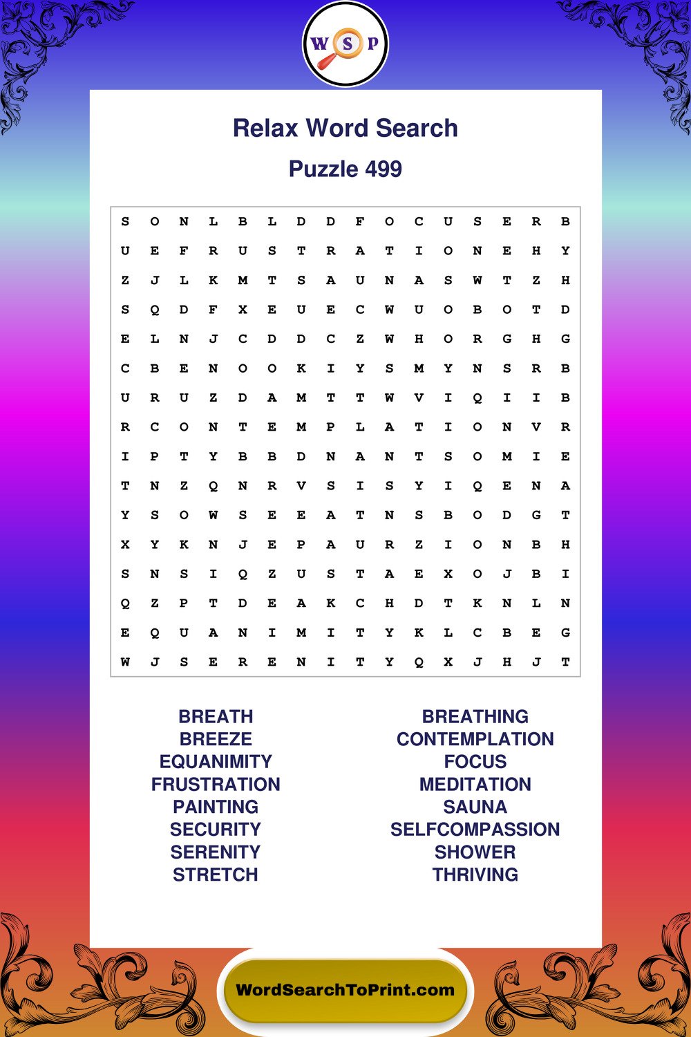 Relax Word Search Puzzle 499