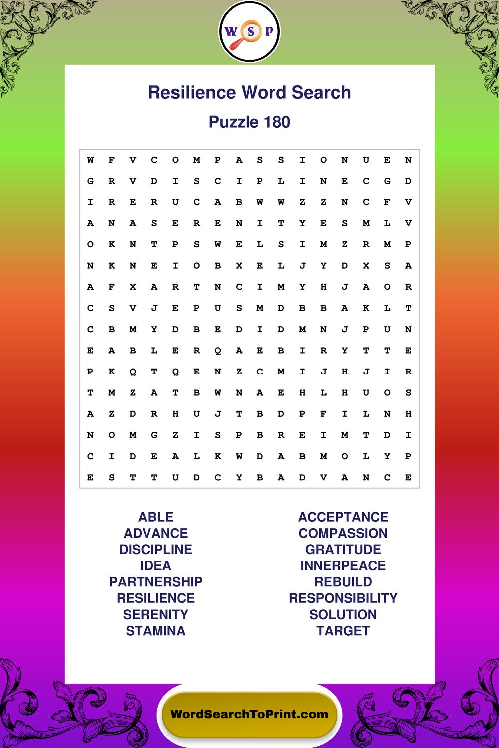 Resilience Word Search Puzzle 180