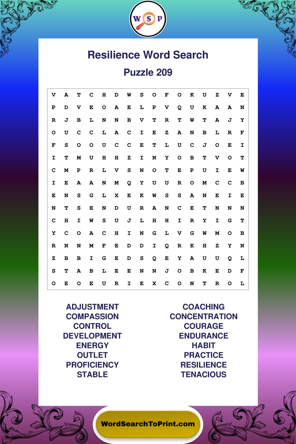 Resilience Word Search Puzzle 209