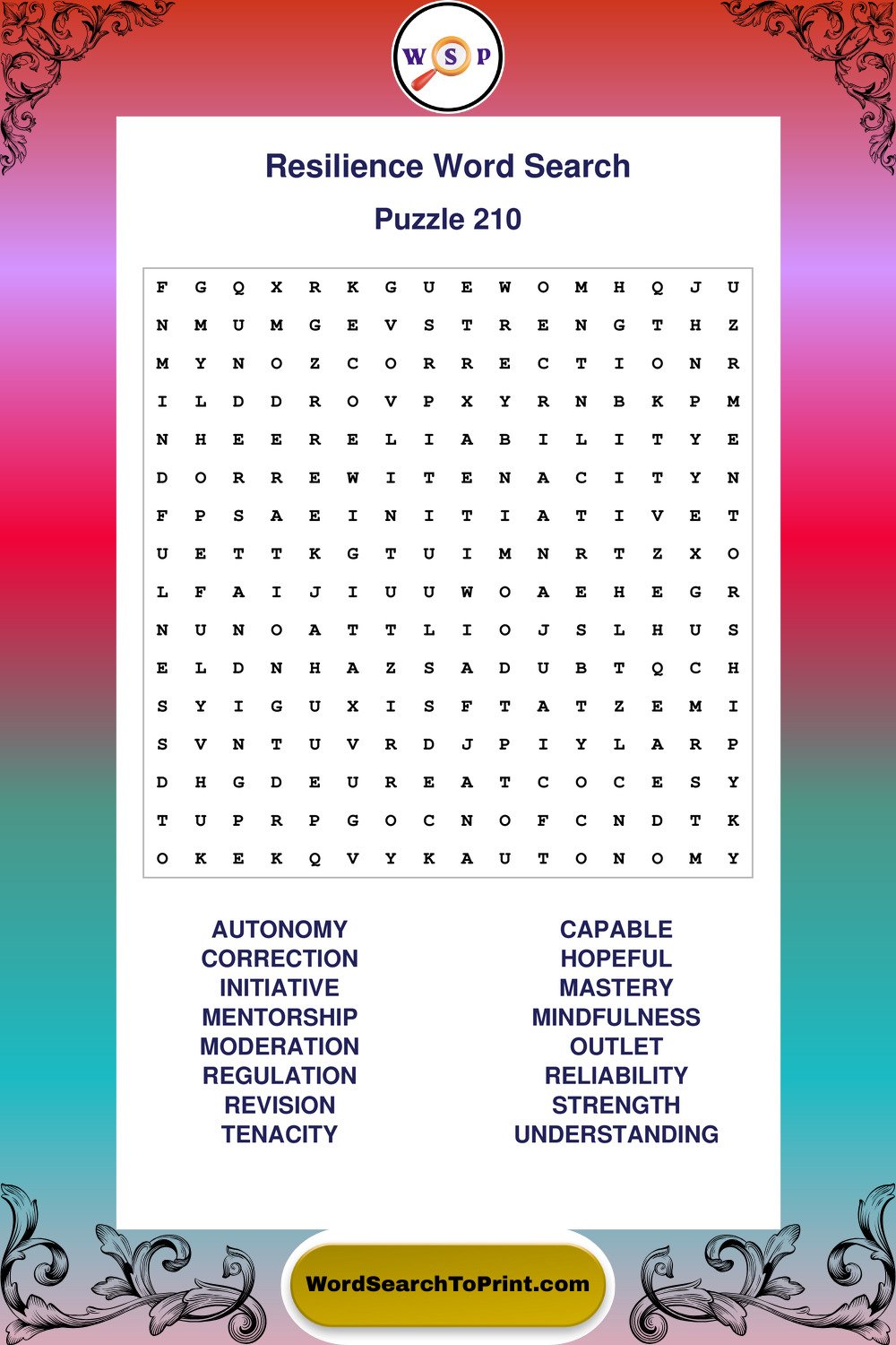 Resilience Word Search Puzzle 210
