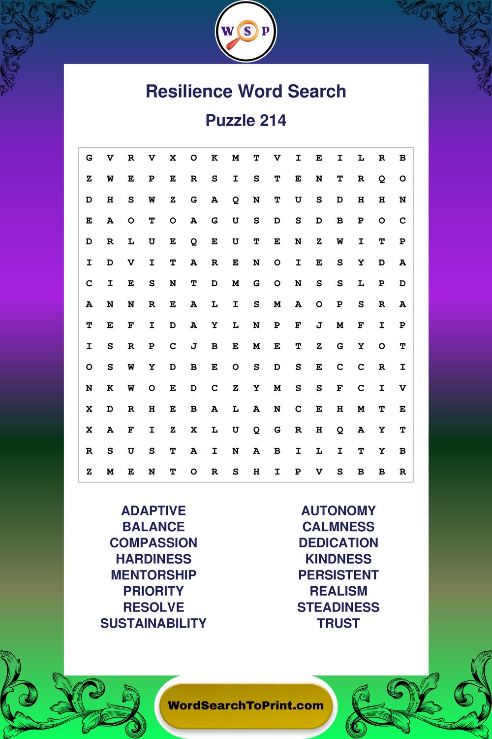 Resilience Word Search Puzzle 214