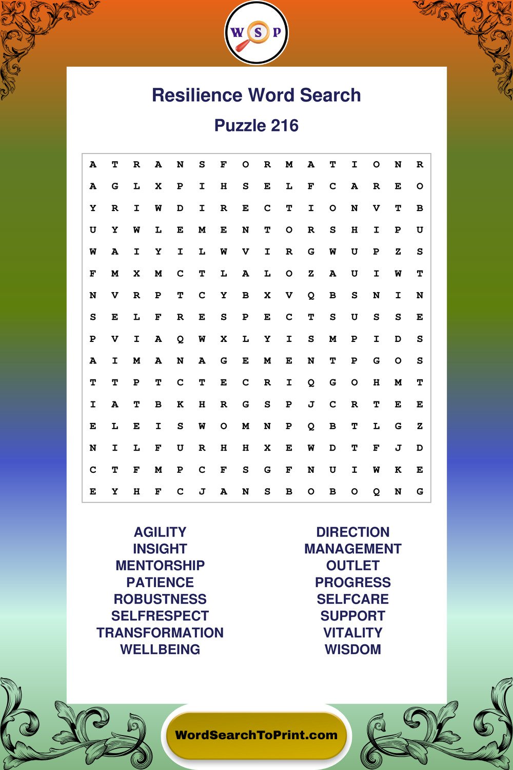 Resilience Word Search Puzzle 216