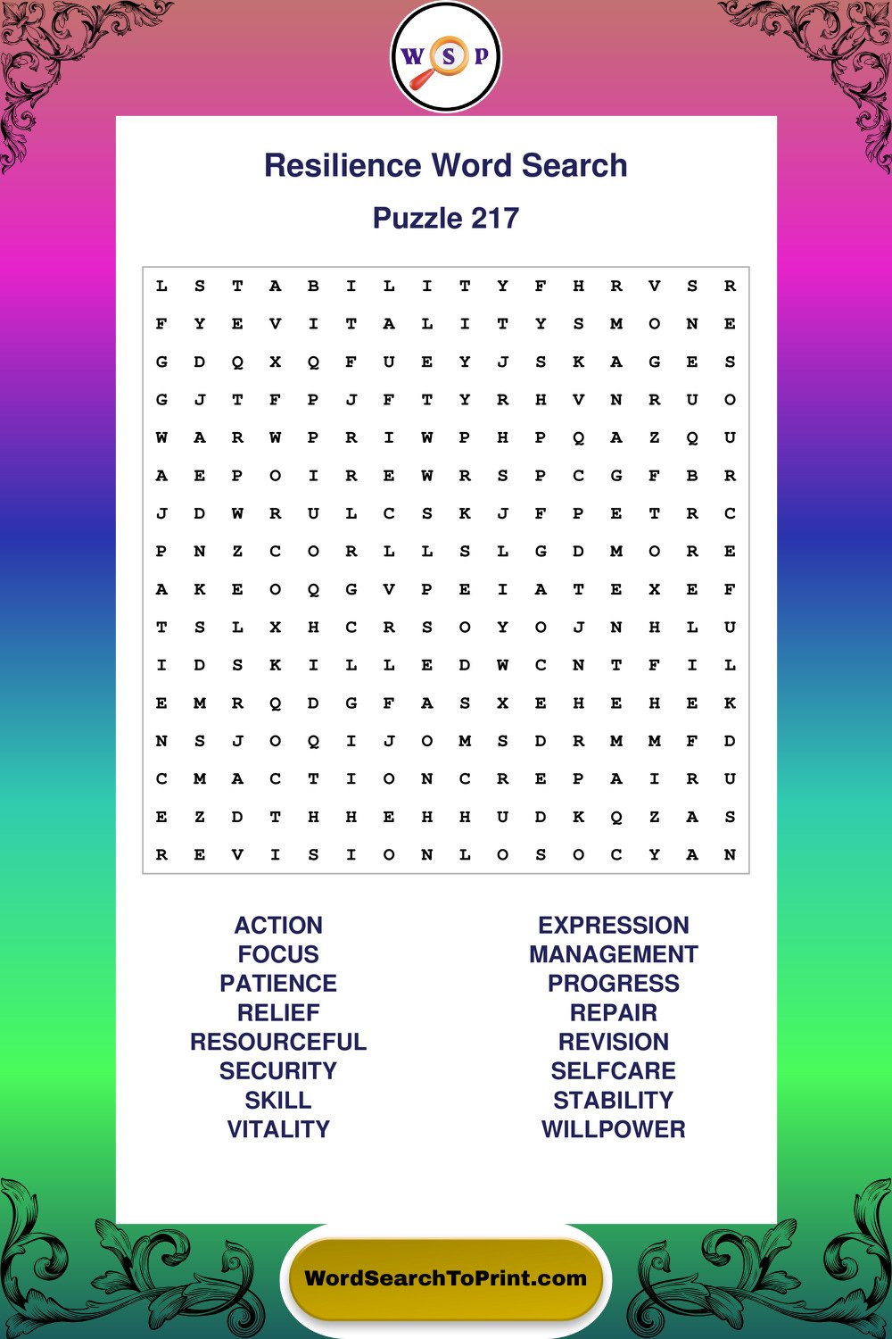Resilience Word Search Puzzle 217