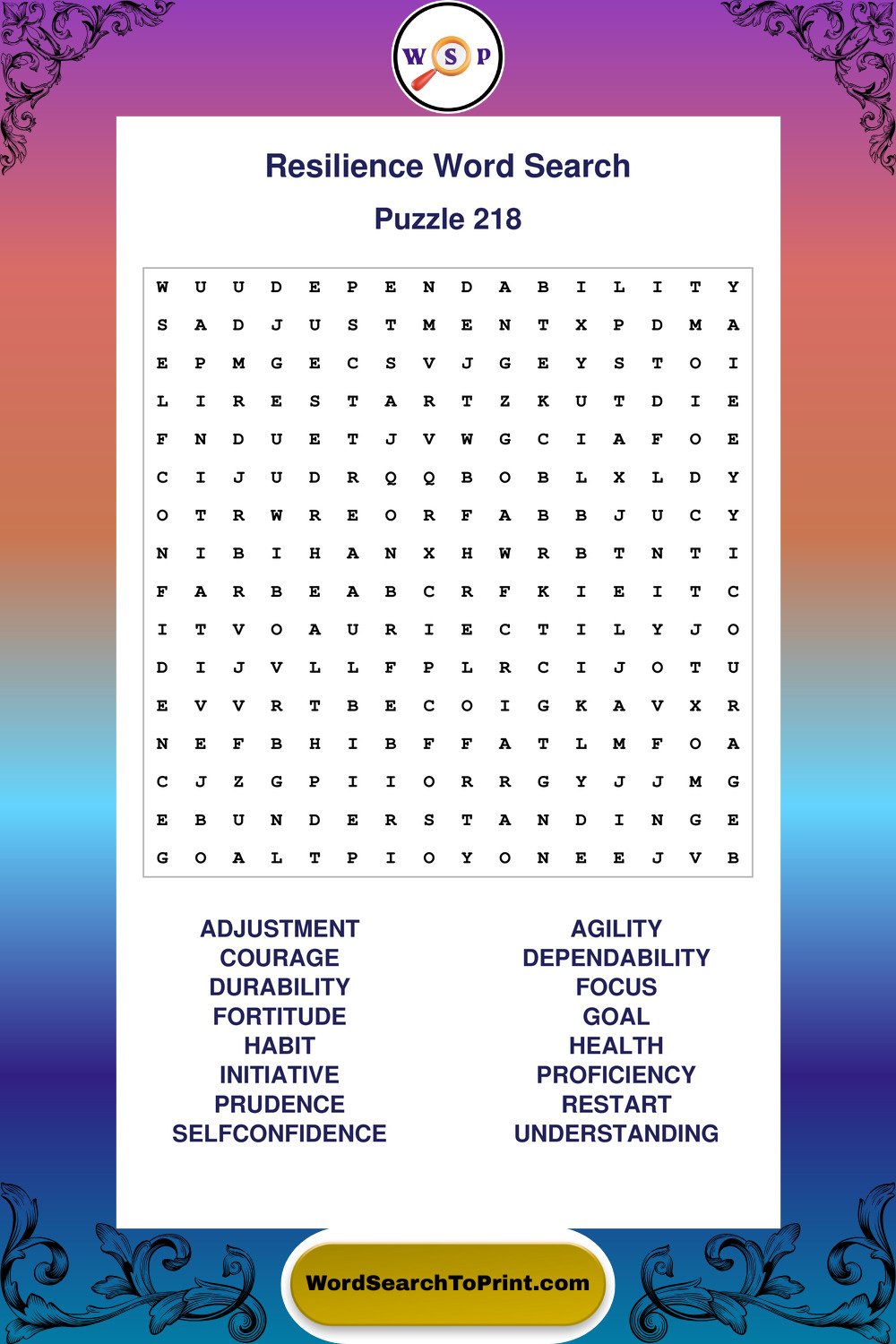 Resilience Word Search Puzzle 218