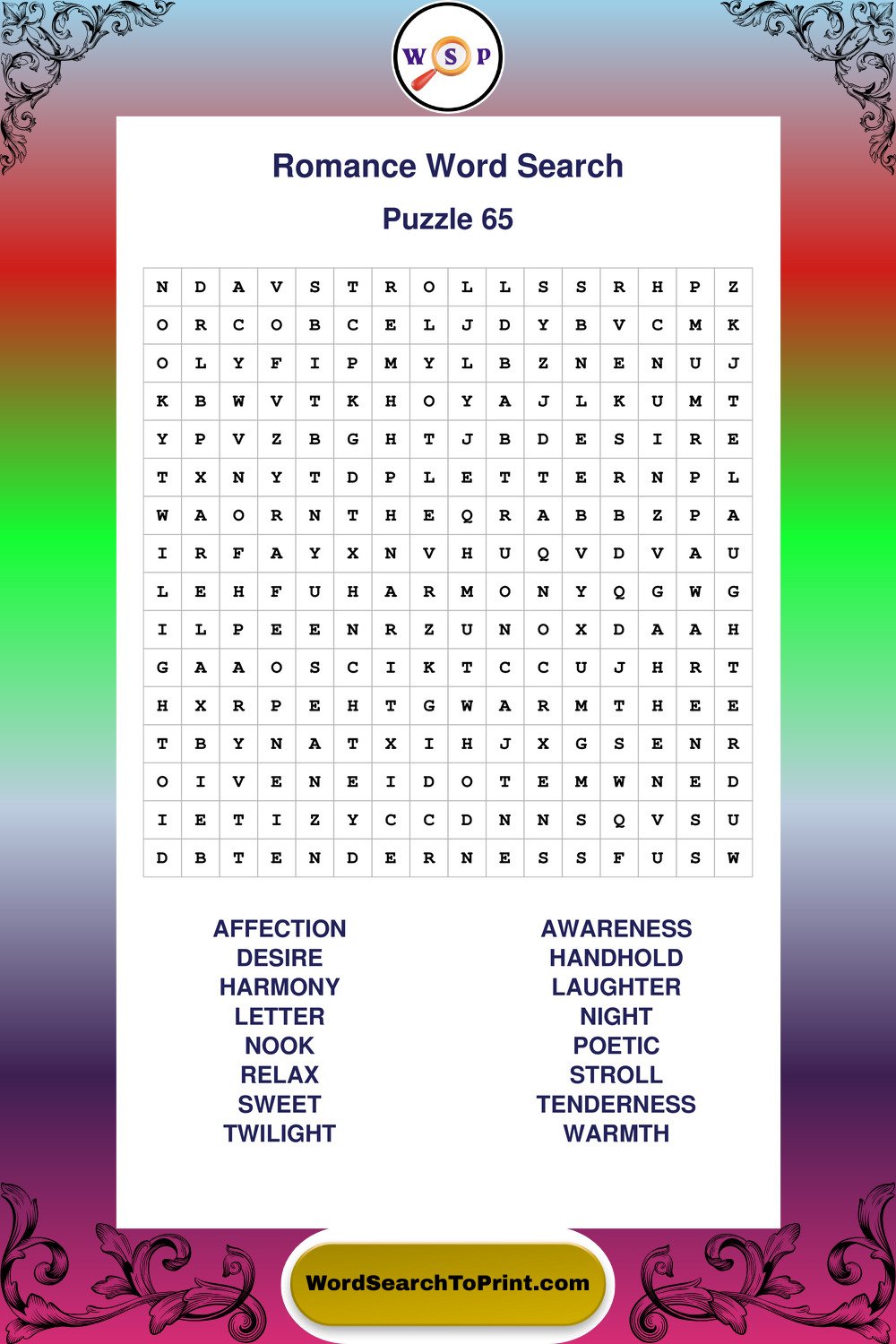 Romance Word Search Puzzle 65