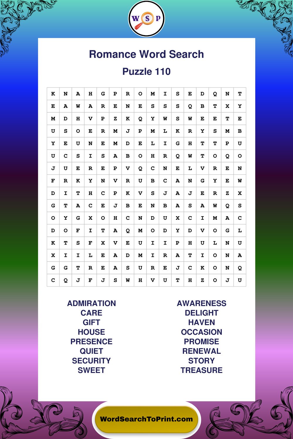 Romance Word Search Puzzle 110