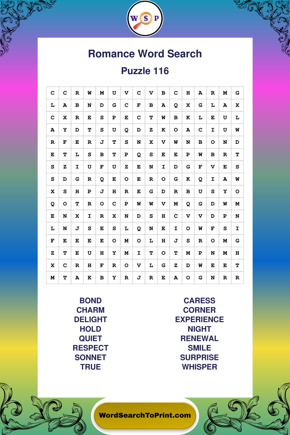 Romance Word Search Puzzle 116