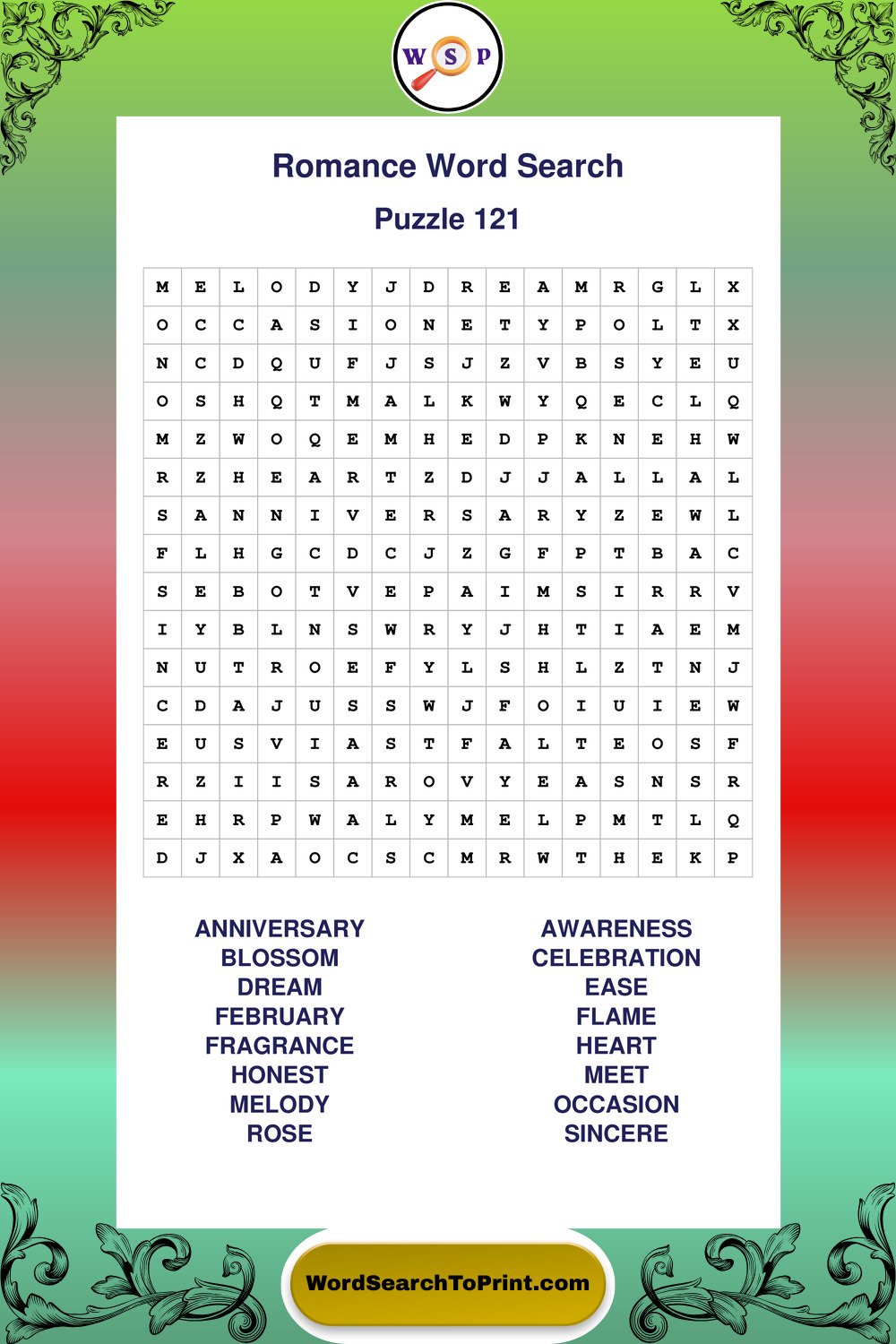 Romance Word Search Puzzle 121