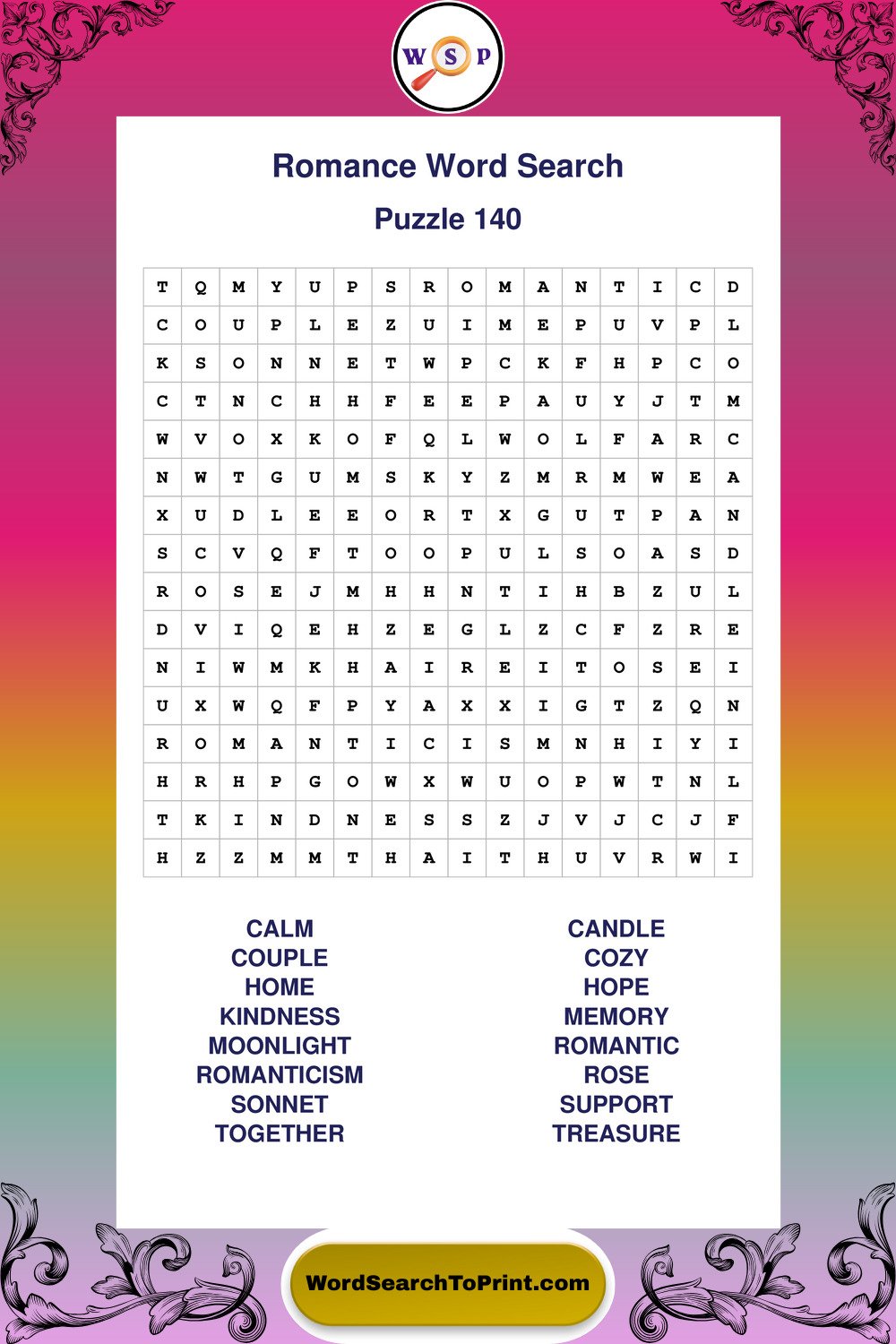 Romance Word Search Puzzle 140