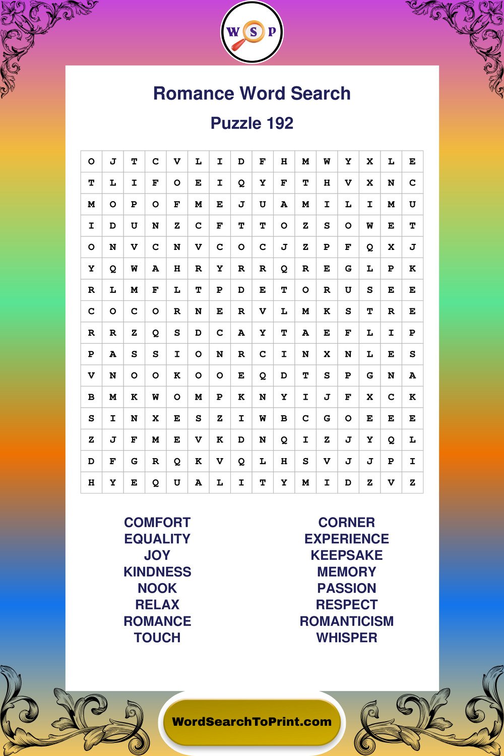 Romance Word Search Puzzle 192