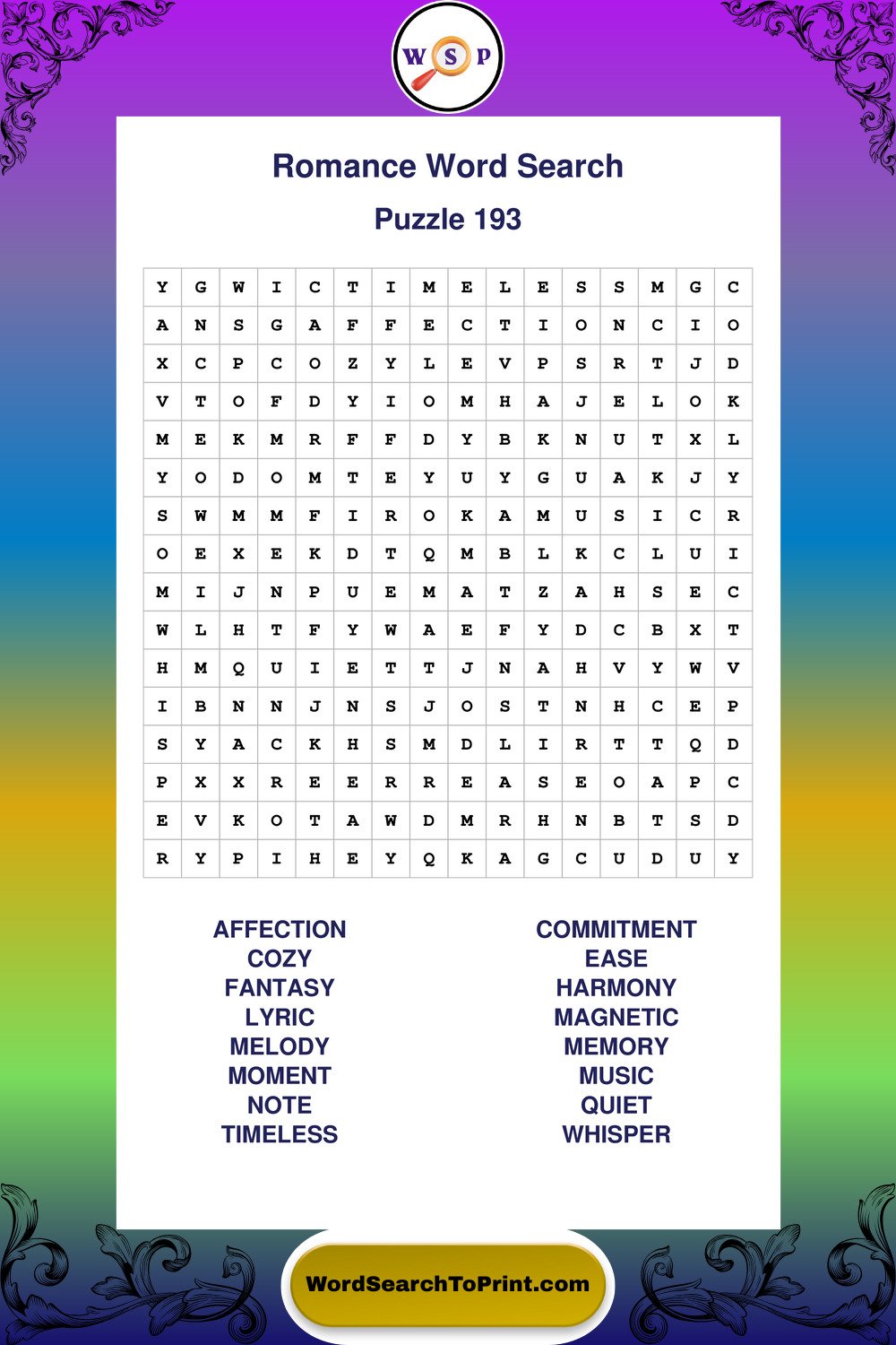 Romance Word Search Puzzle 193