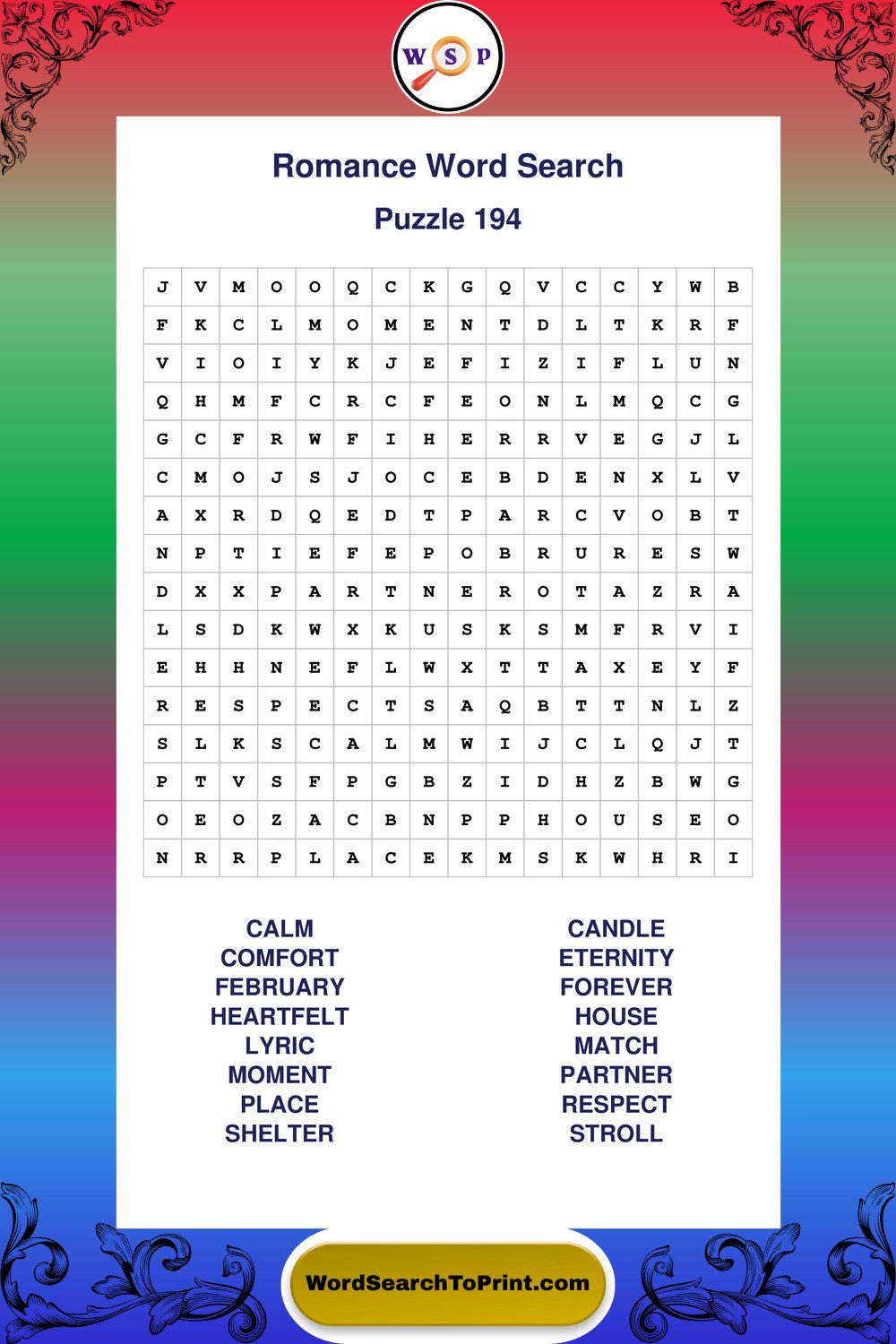 Romance Word Search Puzzle 194