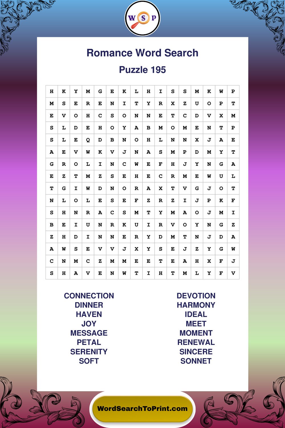 Romance Word Search Puzzle 195