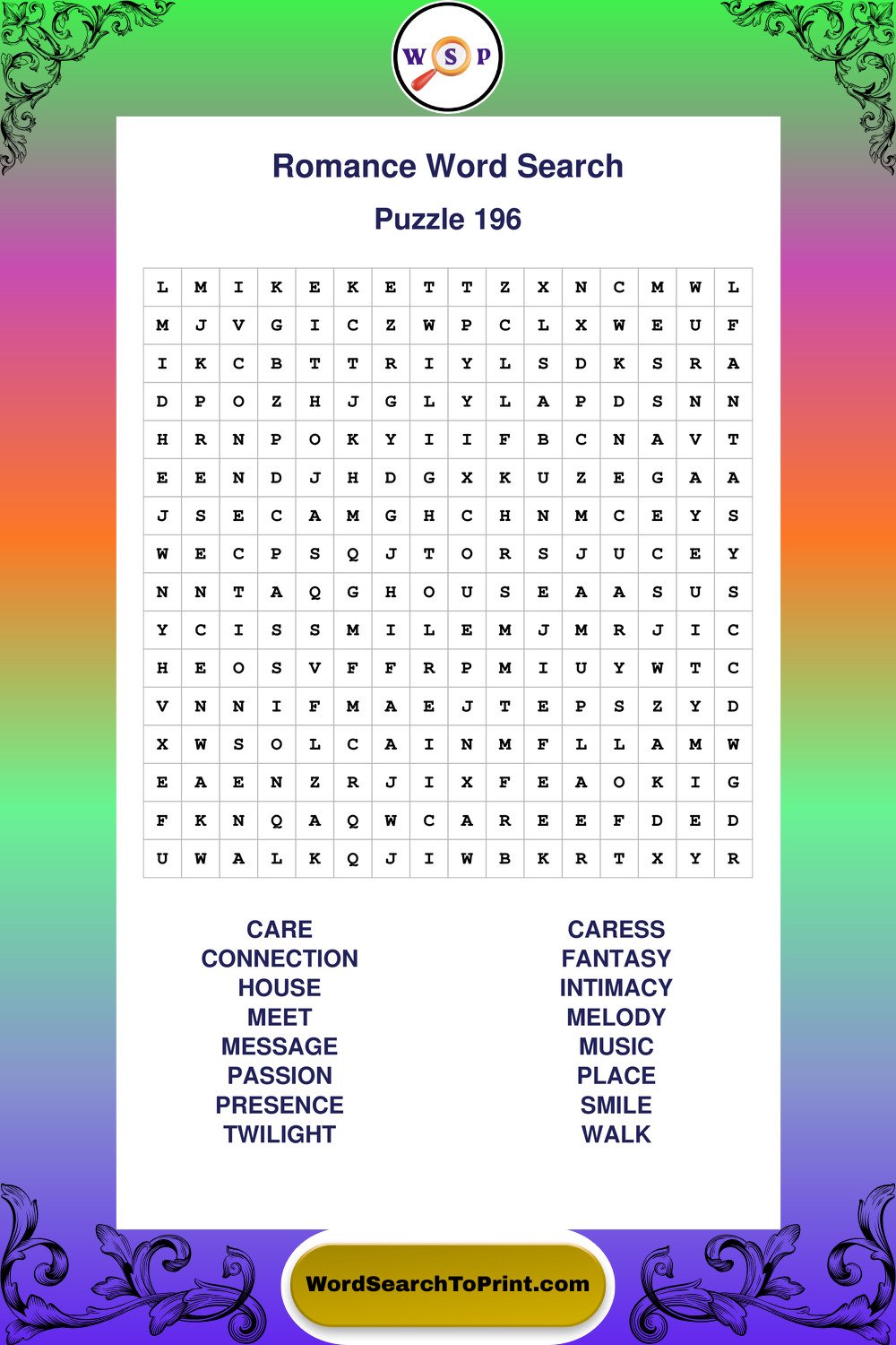 Romance Word Search Puzzle 196