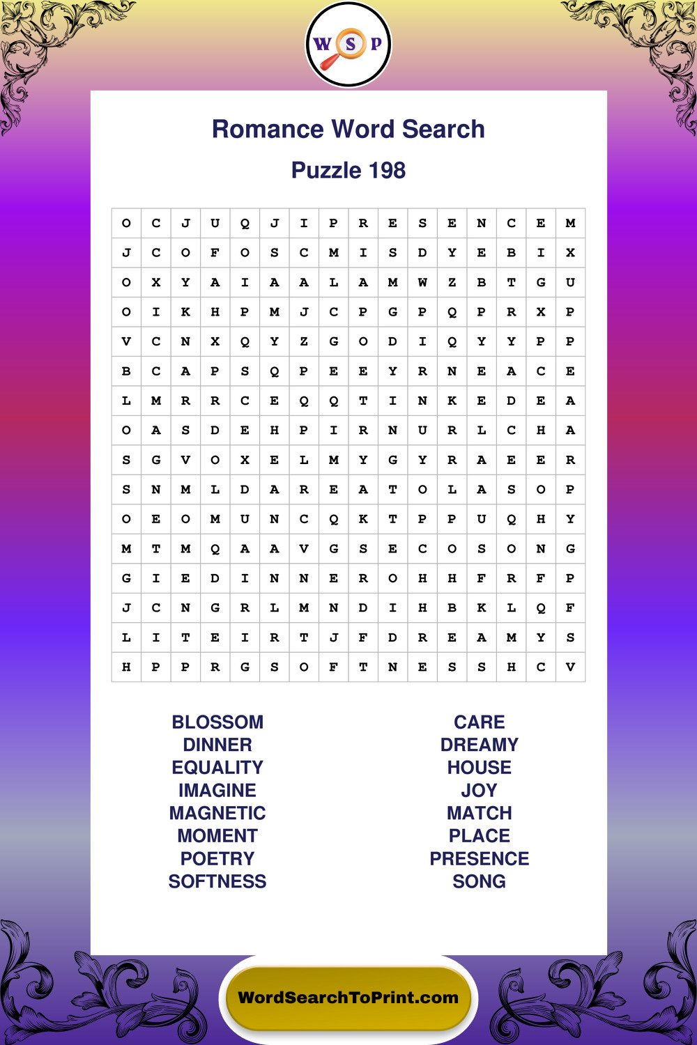 Romance Word Search Puzzle 198
