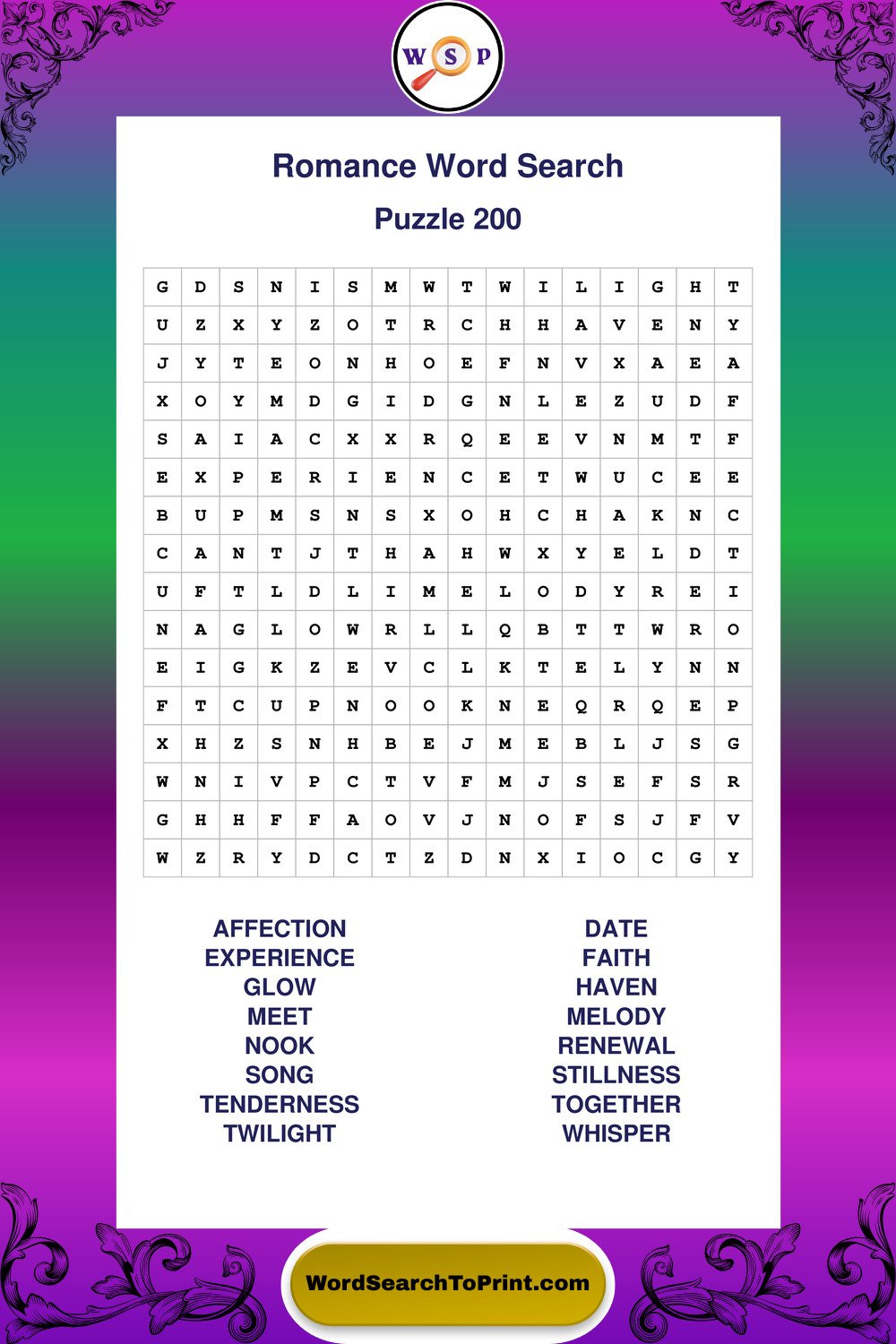 Romance Word Search Puzzle 200