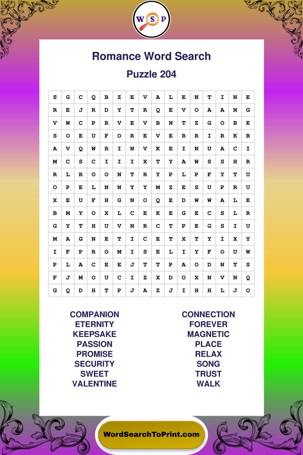 Romance Word Search Puzzle 204