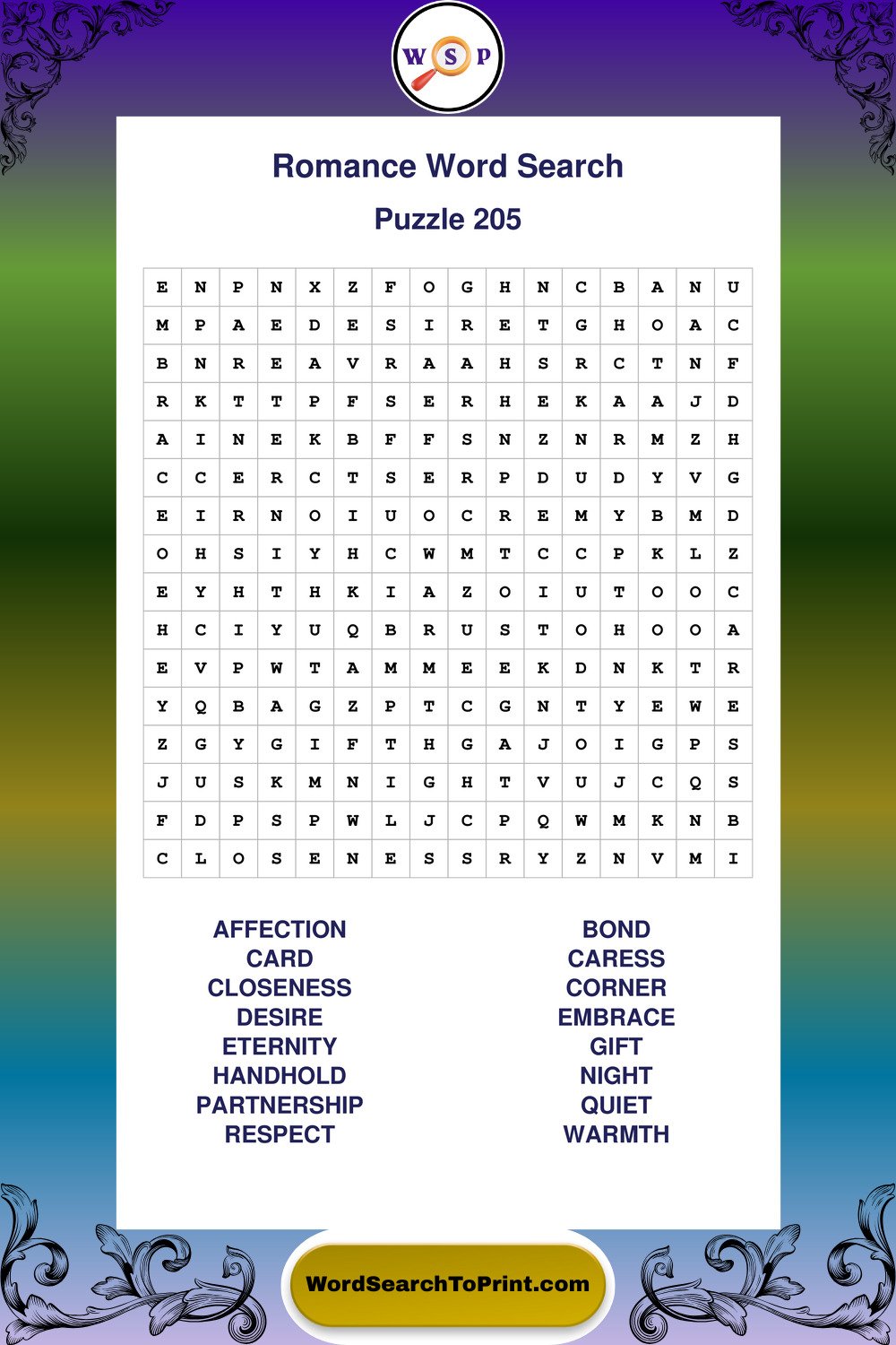 Romance Word Search Puzzle 205